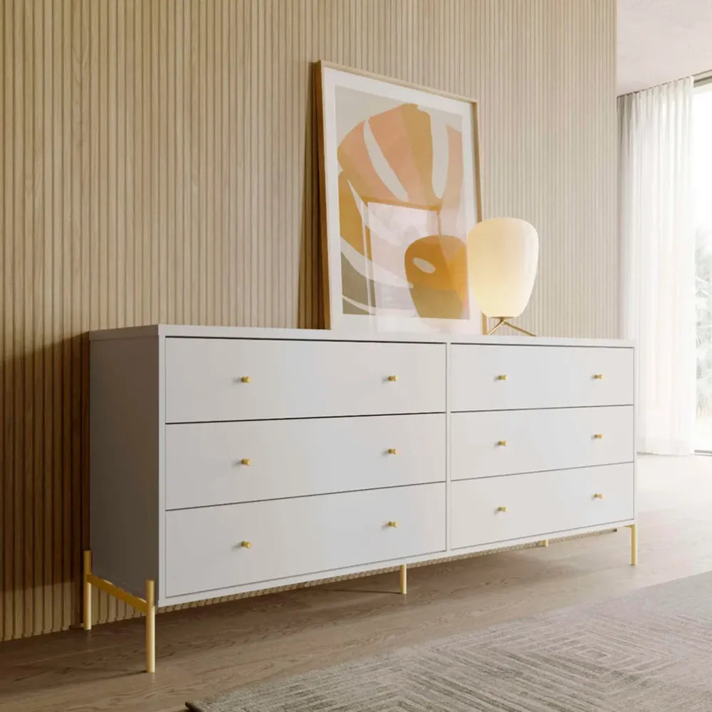Cômoda 6 Gavetas Jasper 182 cm - Branco c/ Dourado