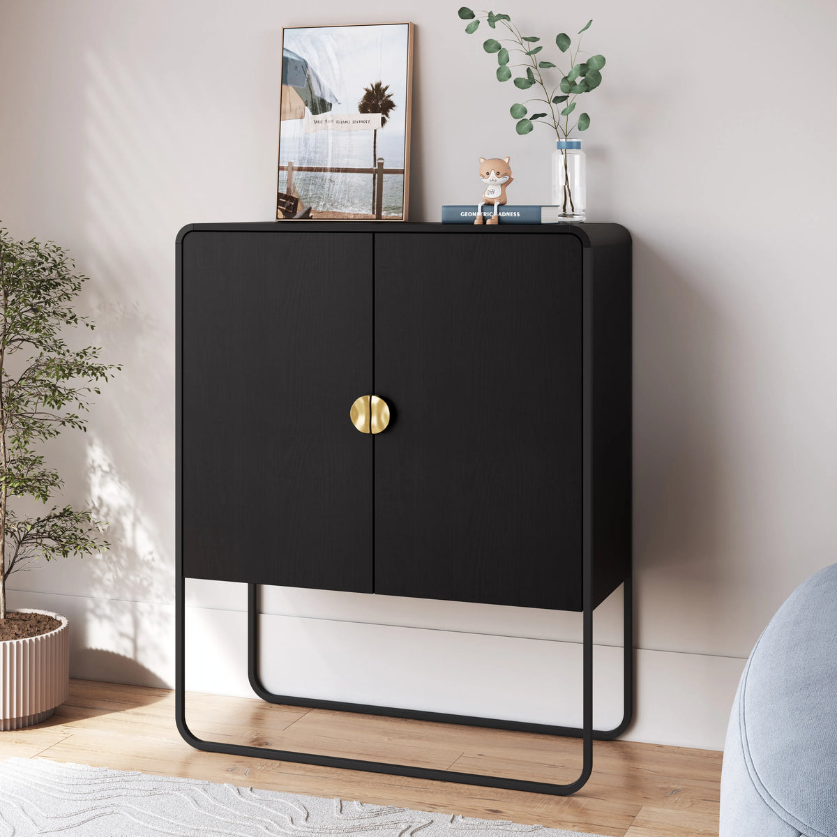 Balcão Buffet 2 Portas Dunna 90 cm - Preto c/ Dourado