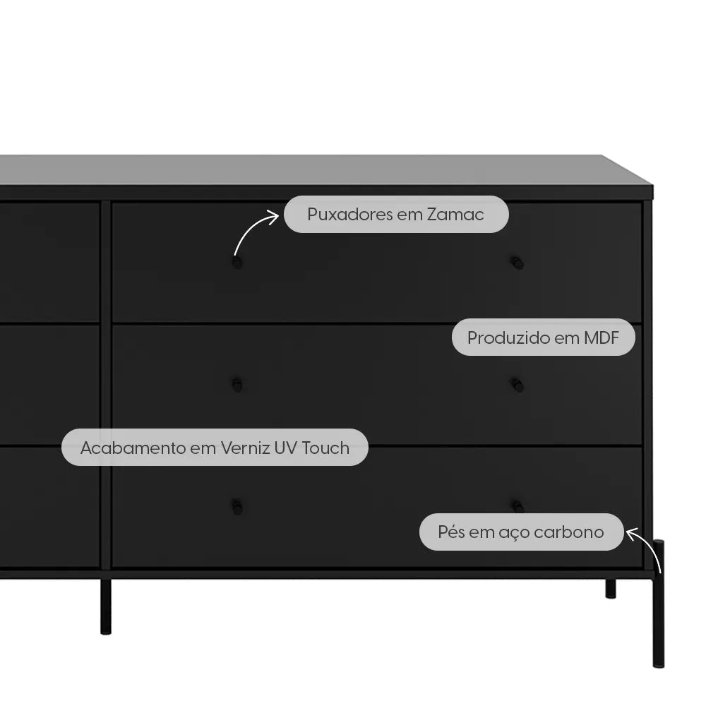 Cômoda 6 Gavetas Jasper 182 cm - Preto Fosco