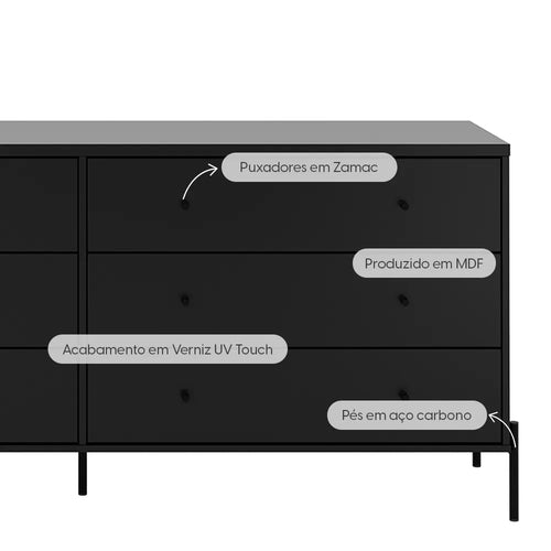 Cômoda 6 Gavetas Jasper 182 cm - Preto Fosco
