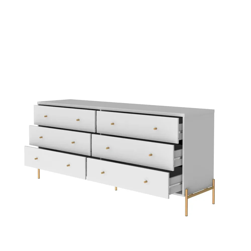 Cômoda 6 Gavetas Jasper 182 cm - Branco c/ Dourado