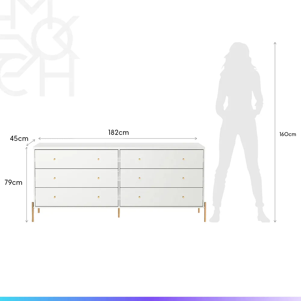Cômoda 6 Gavetas Jasper 182 cm - Branco c/ Dourado