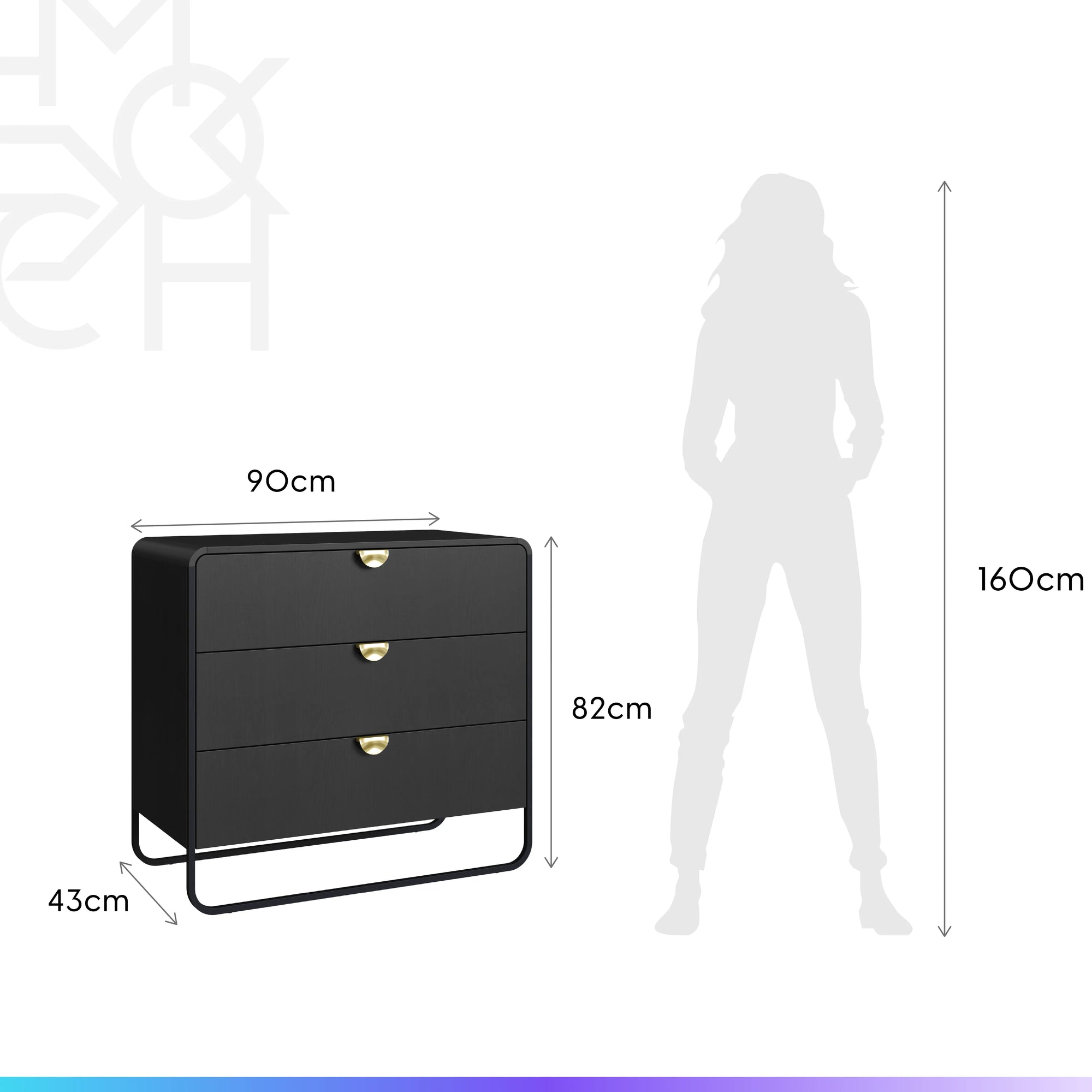 Cômoda com 3 Gavetas Dunna 90 cm - Preto c/ Dourado