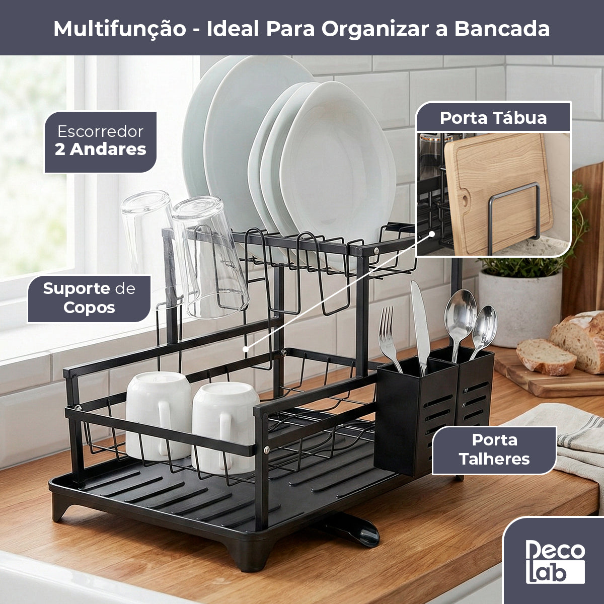 Escorredor de Louça com Escoamento Automático e Suporte