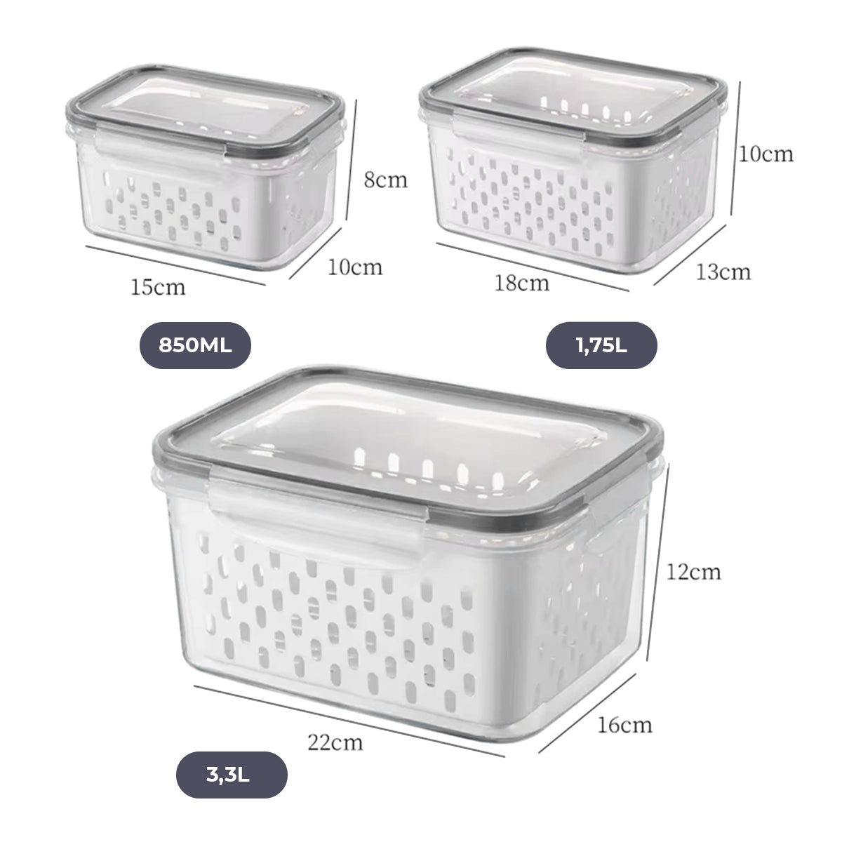Kit 3 Potes Herméticos com Cesto para Geladeira