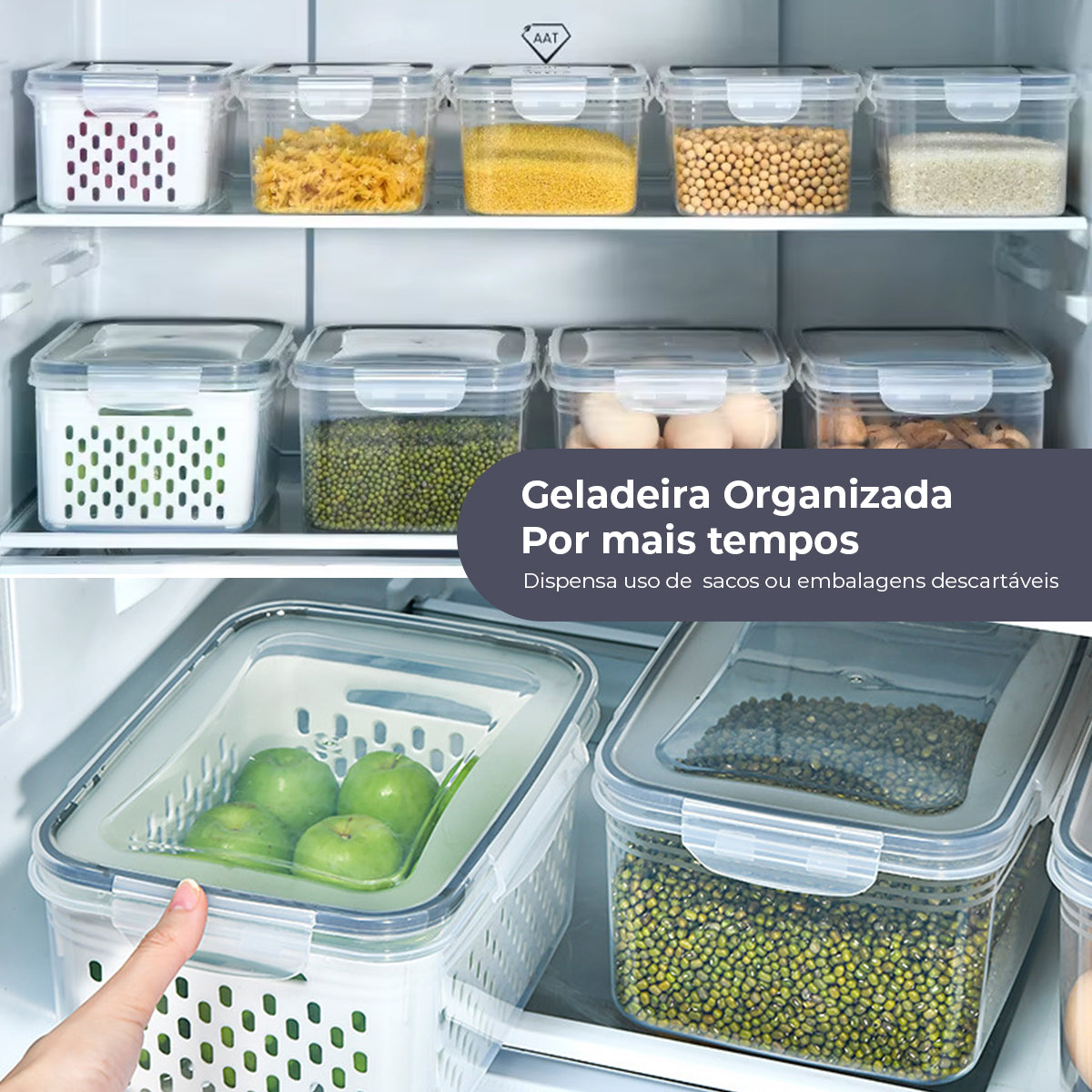 Kit 3 Potes Herméticos com Cesto para Geladeira