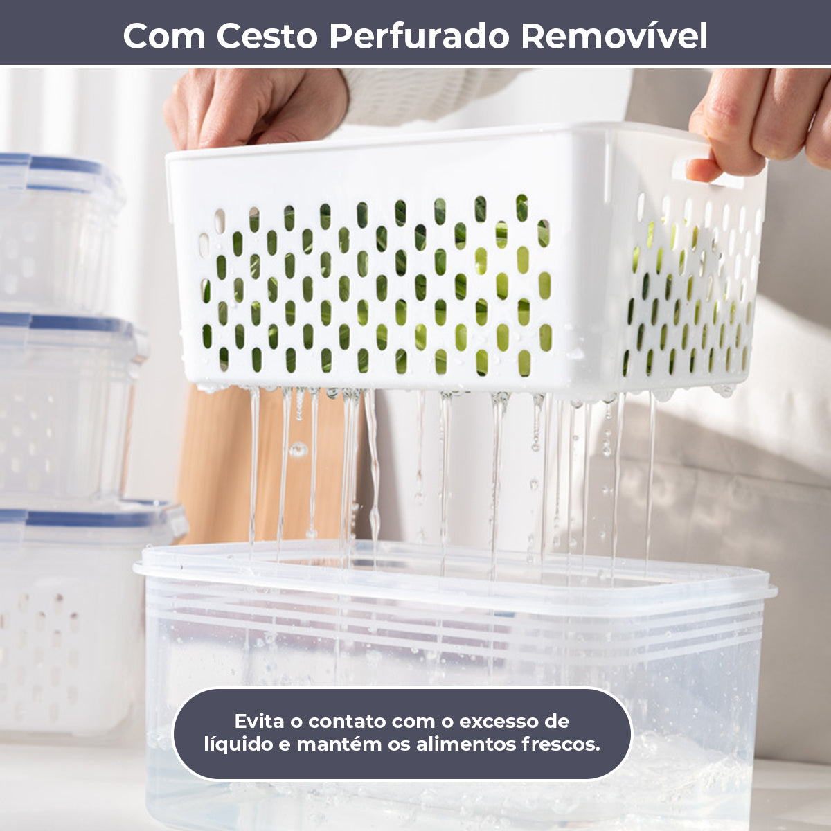 Kit 3 Potes Herméticos com Cesto para Geladeira