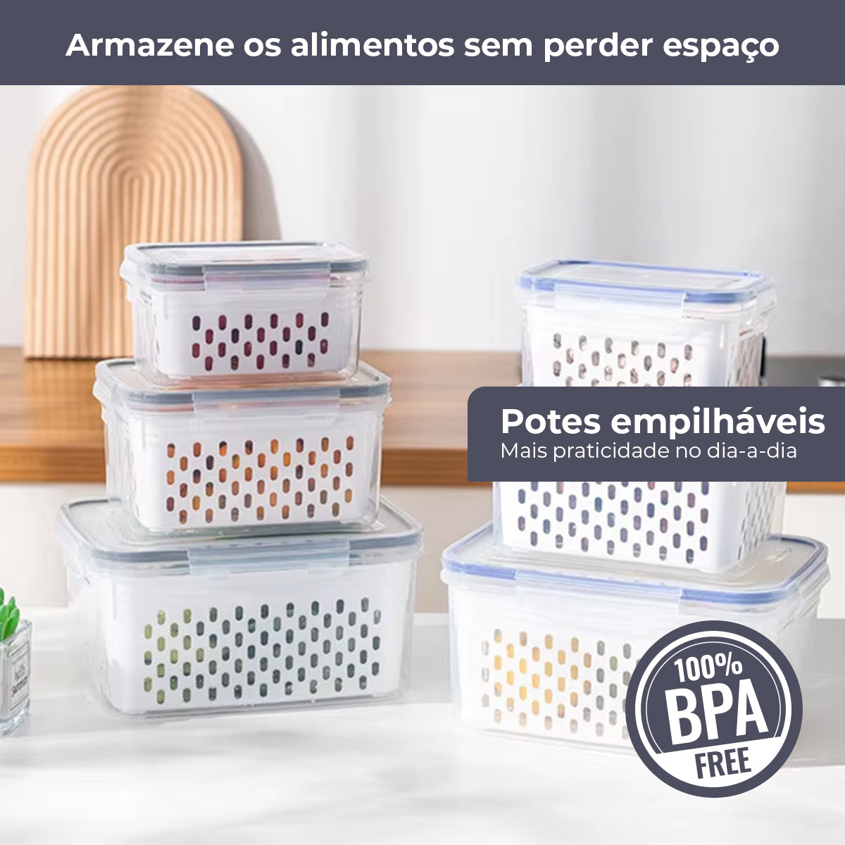 Kit 3 Potes Herméticos com Cesto para Geladeira