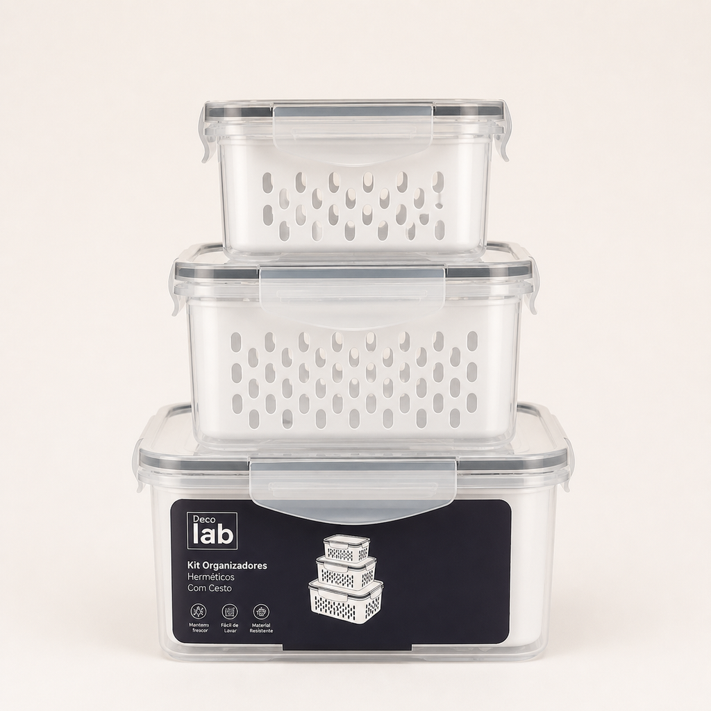 Kit 3 Potes Herméticos com Cesto para Geladeira