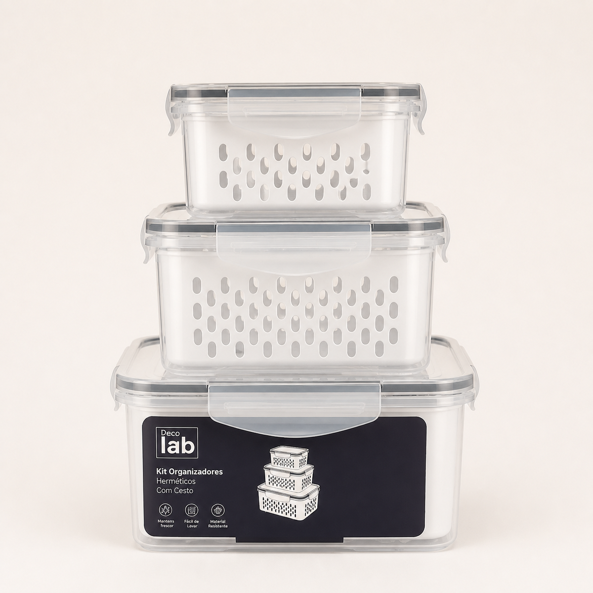 Kit 3 Potes Herméticos com Cesto para Geladeira