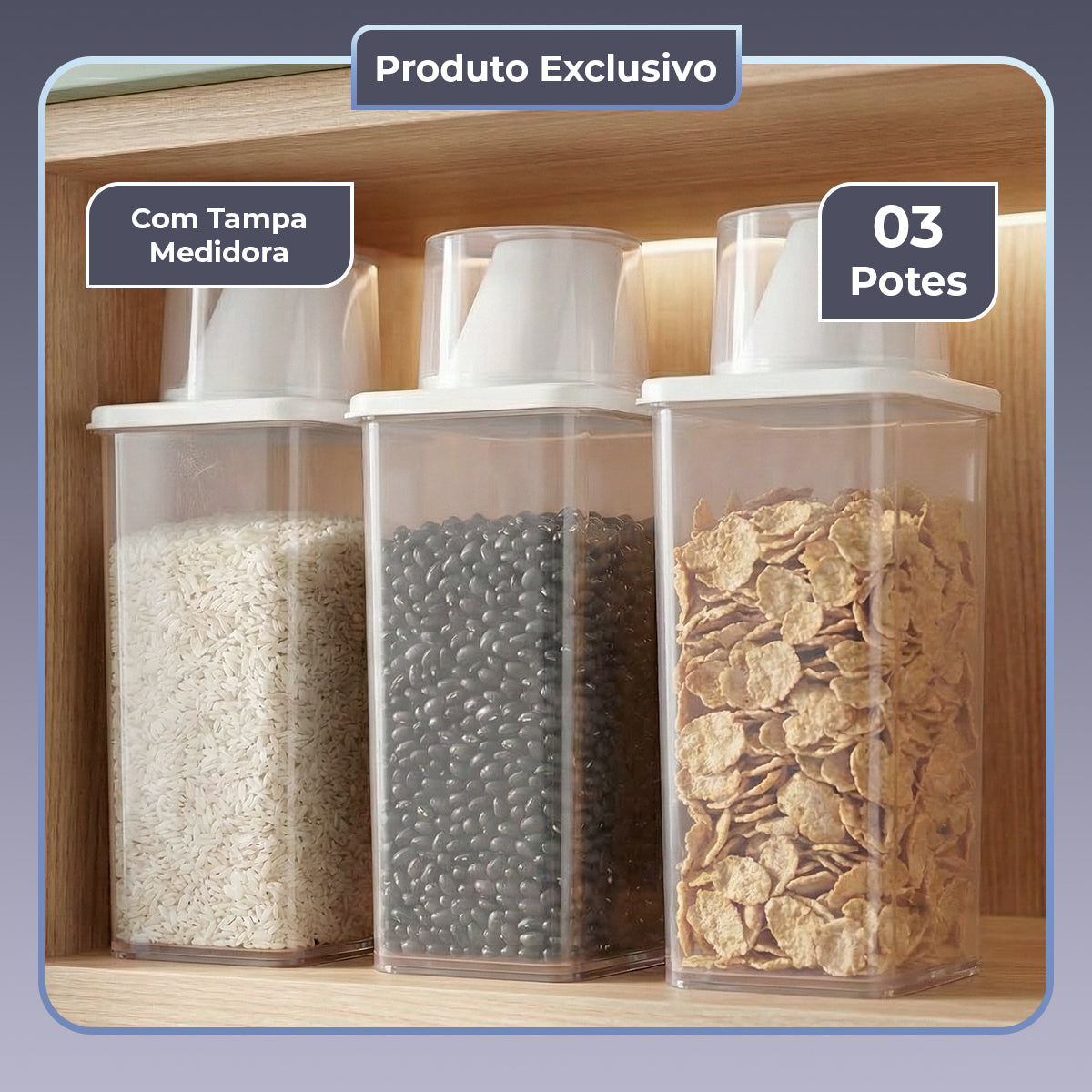 Kit 3 Potes com Bico Dosador para Mantimentos