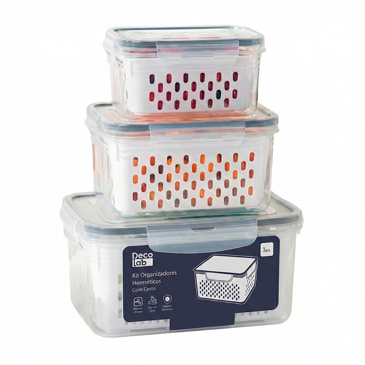 Kit 3 Potes Herméticos com Cesto para Geladeira