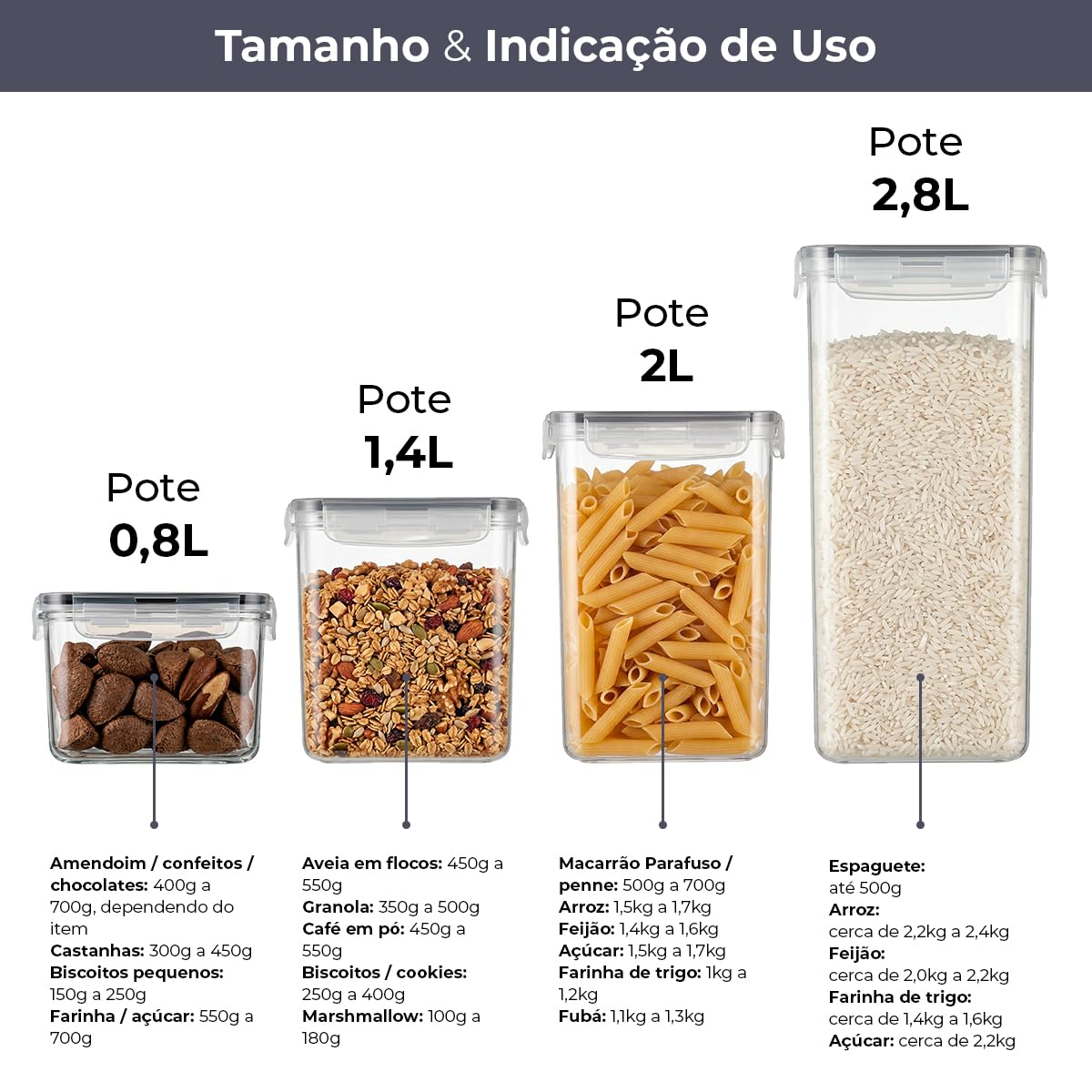 Kit 15 Potes Herméticos com Trava para Cozinha